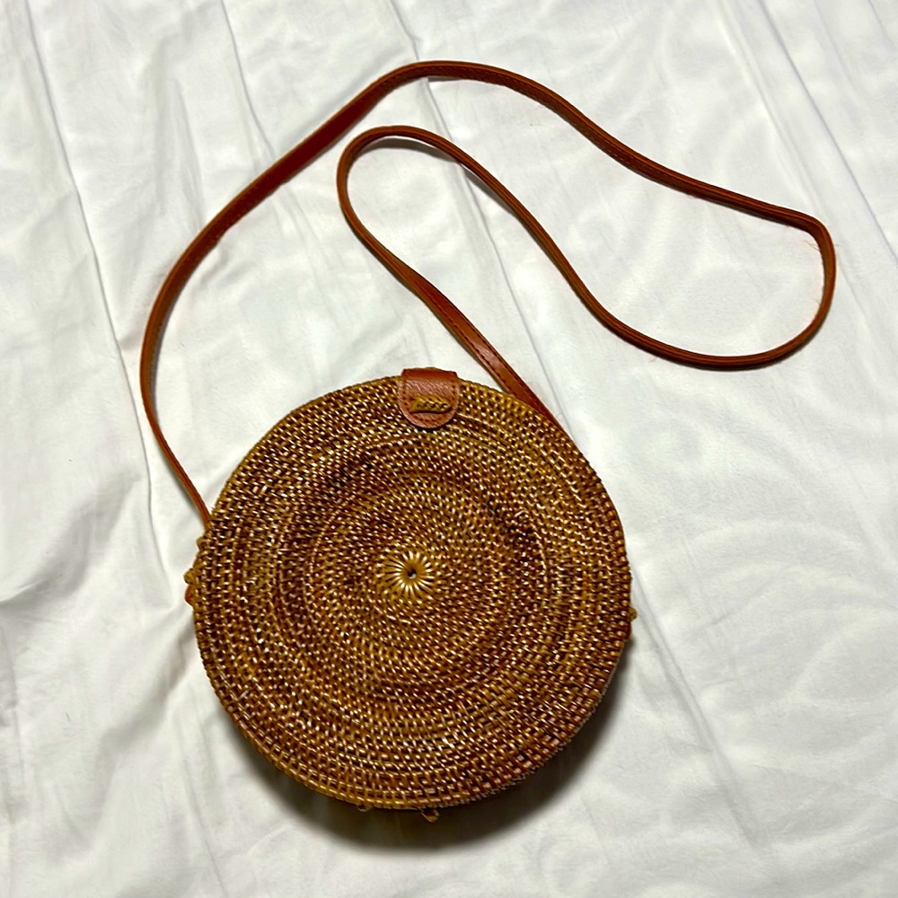 Rattan Round Brown Crossbody Bag Gem